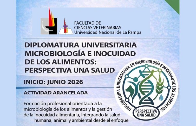 Aula virtual o símbolo de la Facultad de Ciencias Veterinarias con elementos relacionados a la microbiología de alimentos.