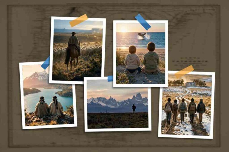 Ilustración de un micrófono con fondo de paisaje patagónico