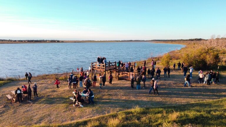 Vista de la laguna Luan Lauquen con flamencos y vegetación autóctona en La Pampa